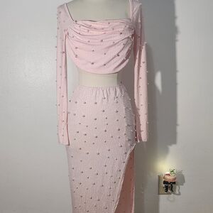 Chic Pink Beaded Skirt Set